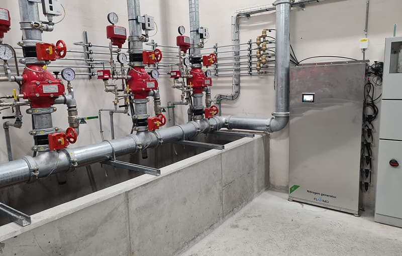 Dry pipe sprinkler valve station supplied with nitrogen from a FLAIRMO N2G-DS4000 generator